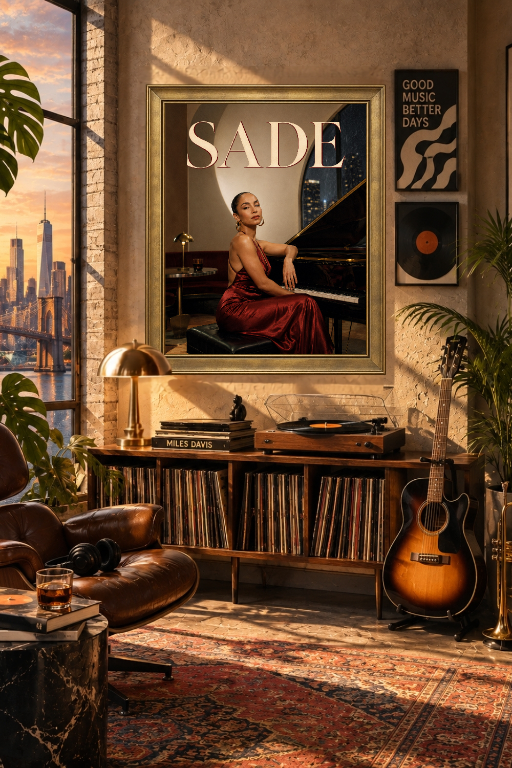 Sade Soul Music Poster, Red Dress Piano Portrait, R&B Jazz Decor