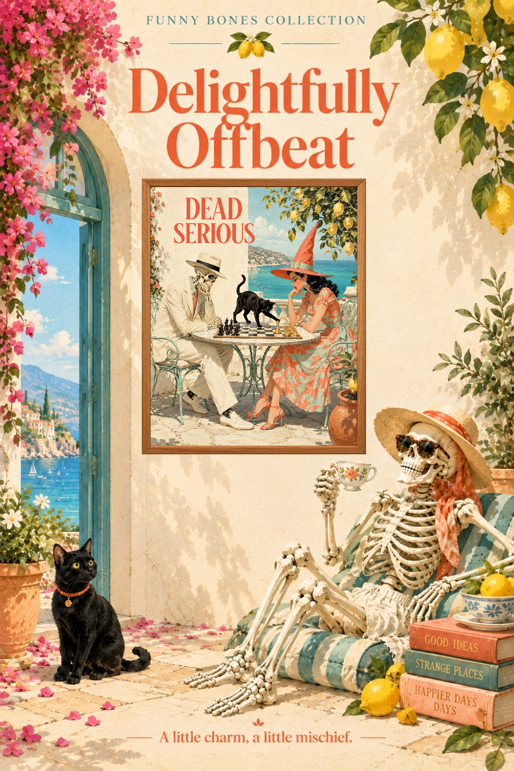 Dead Serious Skeleton Witch Chess Art, Retro Coastal Halloween Humor Wall Decor