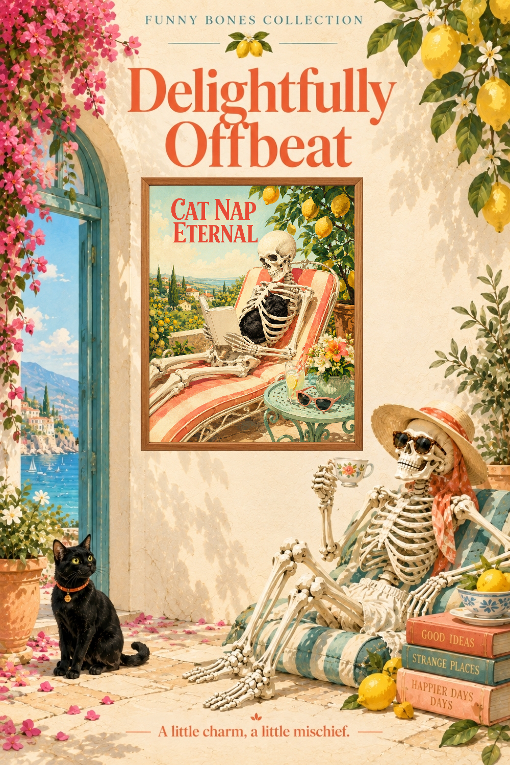 Cat Nap Eternal Skeleton Art, Retro Summerween Humor Wall Decor