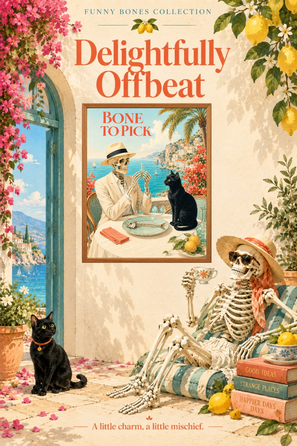 Bone to Pick Skeleton Black Cat Art, Mediterranean Food Humor Wall Decor