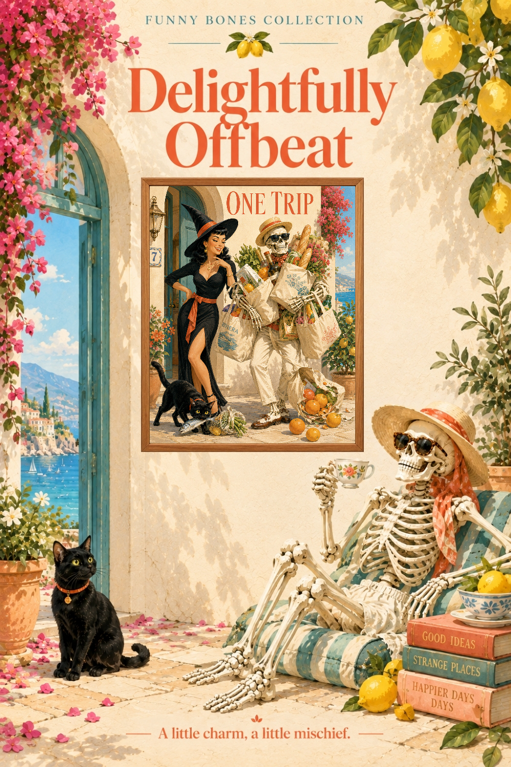 One Trip Skeleton Grocery Art, Witch & Black Cat Shopping Humor Wall Decor