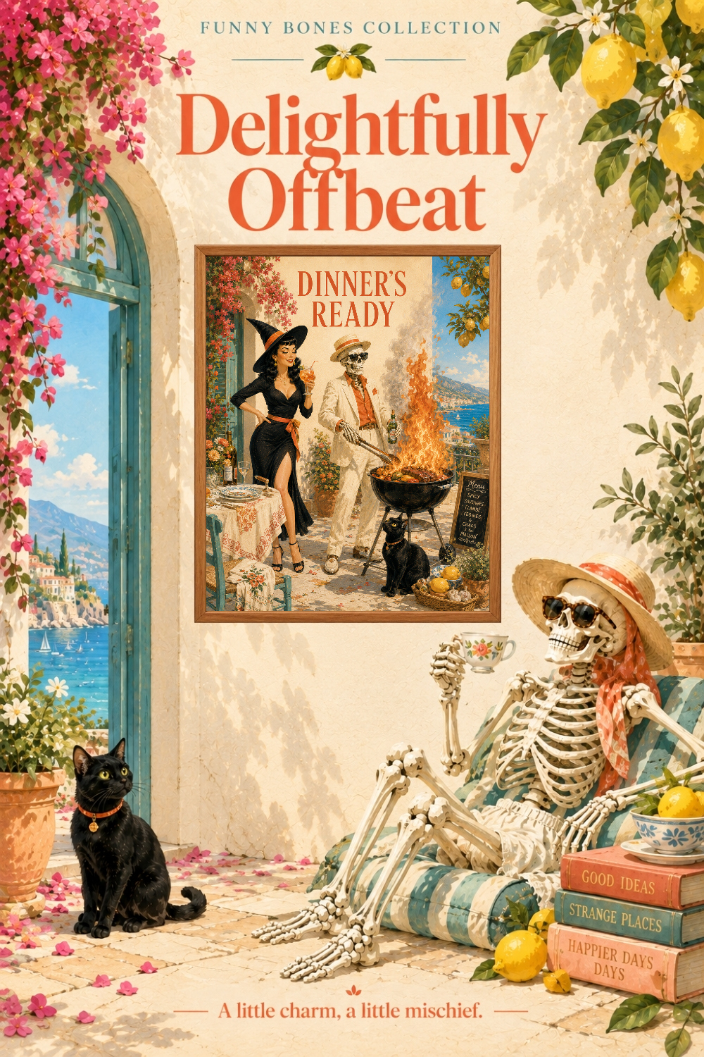 Dinner's Ready Skeleton BBQ Art, Witch & Black Cat Grill Humor Wall Decor