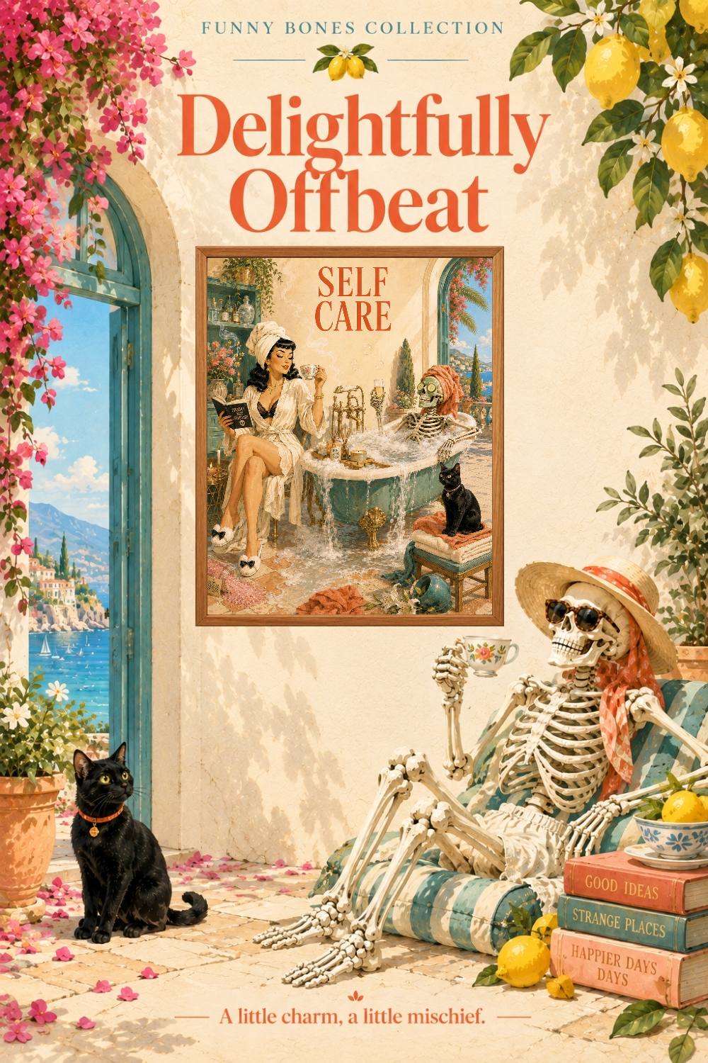 Self Care Skeleton Spa Art, Witch & Black Cat Spa Humor Wall Decor