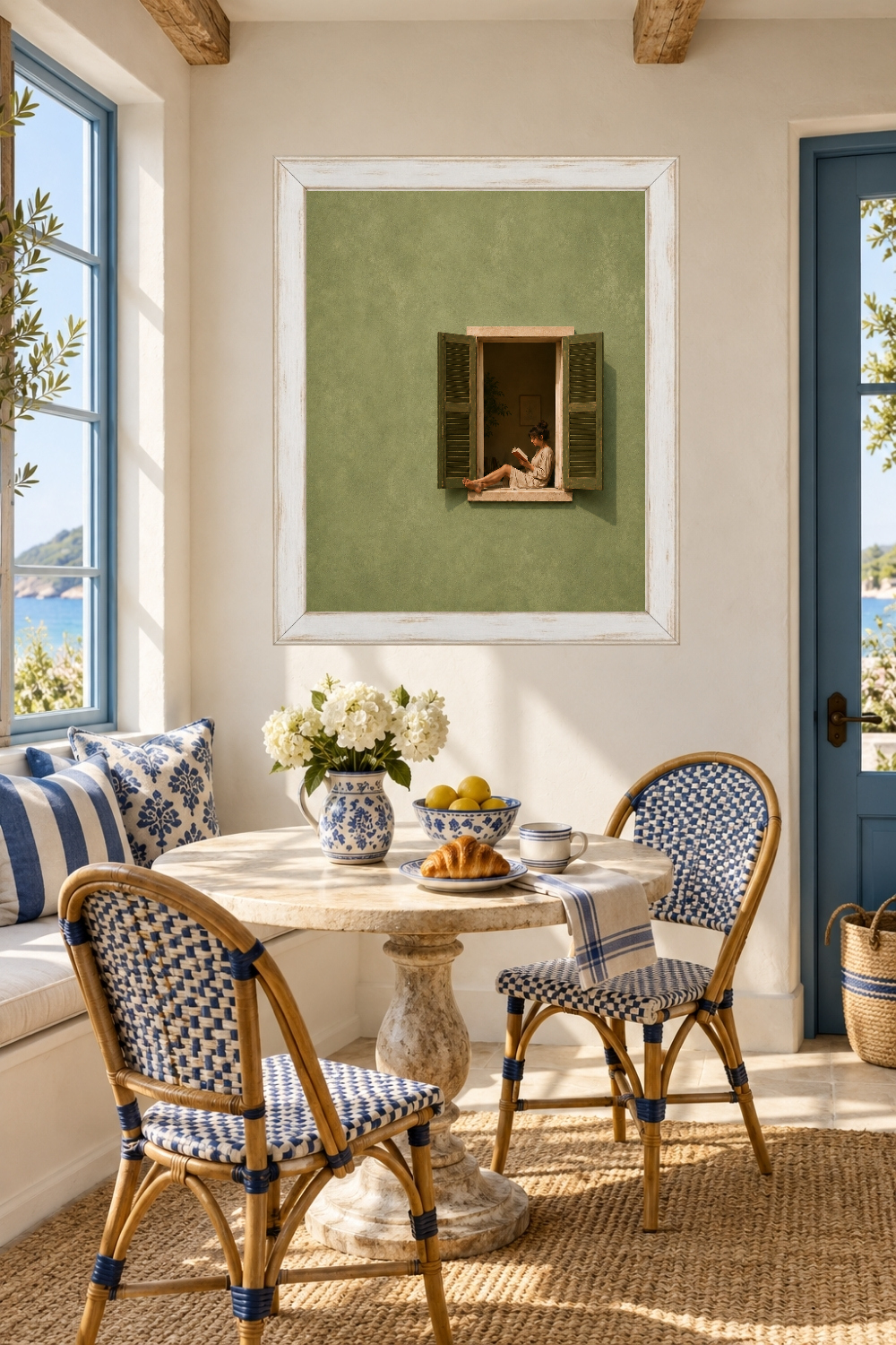 Woman Reading Window Print, Sage Green Mediterranean Nook Art