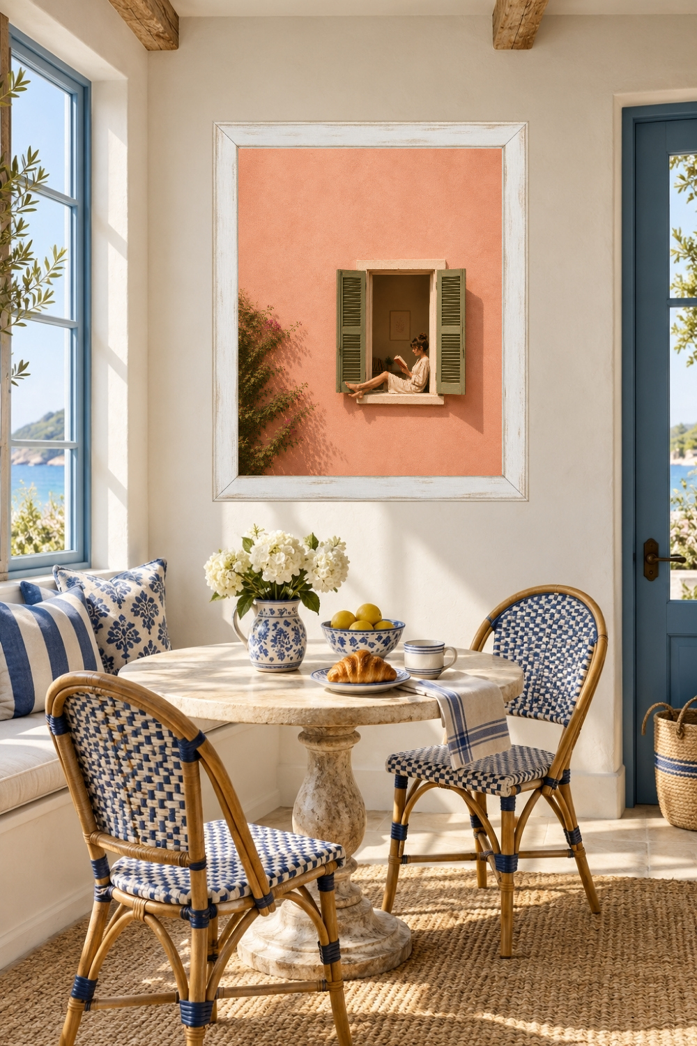 Woman Reading in Window, Pink Mediterranean Print, Book Lover Decor