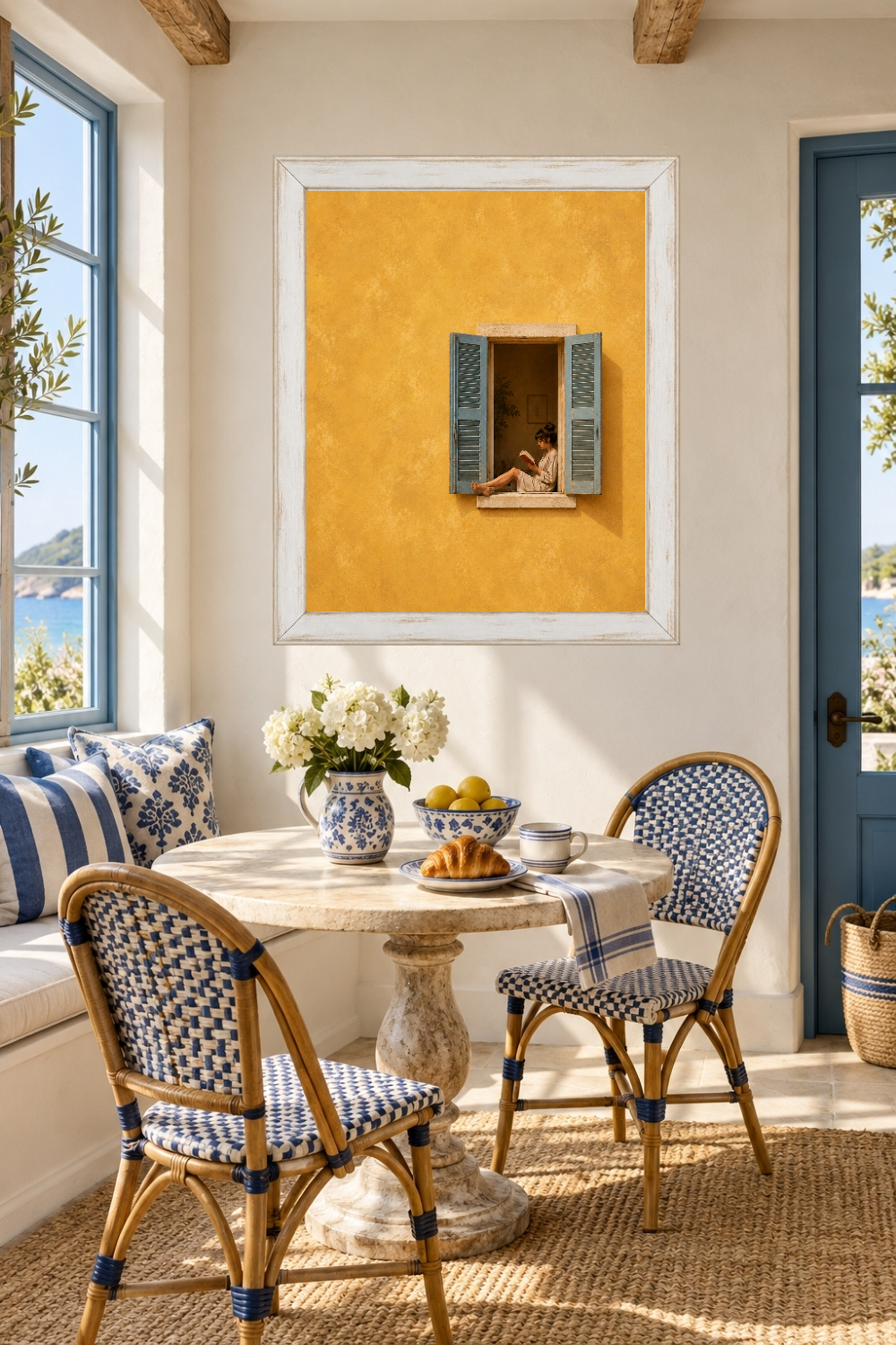 Mediterranean Window Art, Woman Reading, Yellow Wall Print