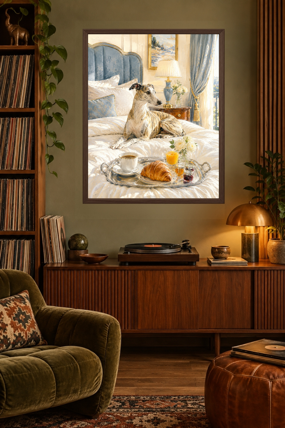 Brindle Greyhound Breakfast in Bed Print, Whippet Room Service Dog Art