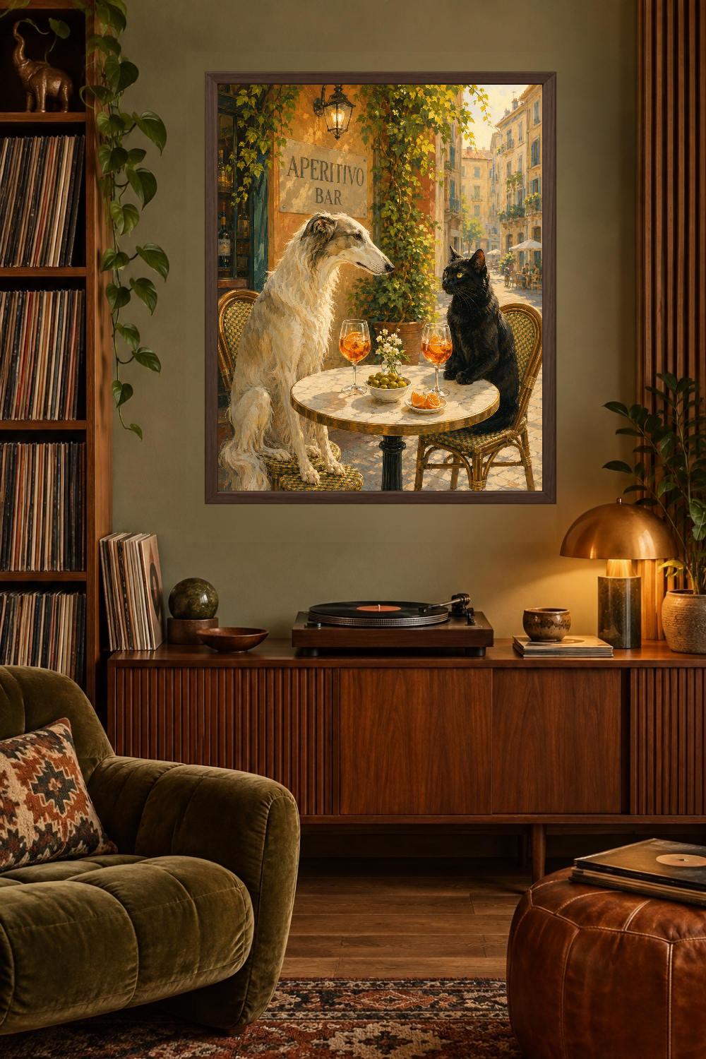 Whimsical Black Cat and Greyhound Aperitivo Print, Italian Cafe Art