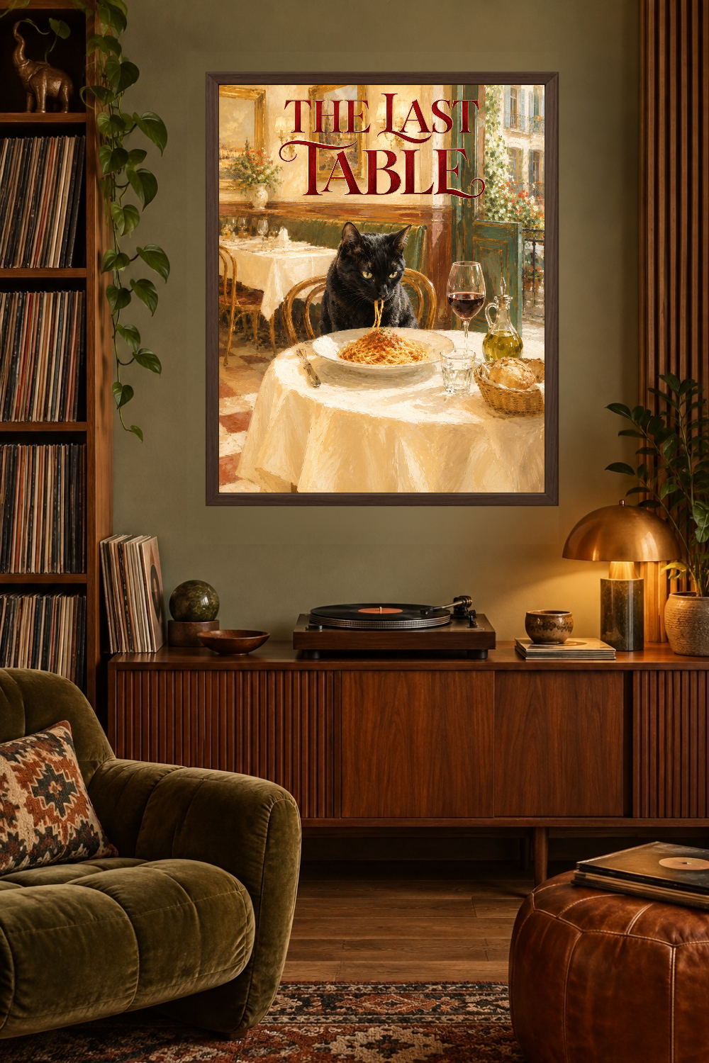The Last Table Print, Black Cat Eating Spaghetti, Italian Restaurant Art