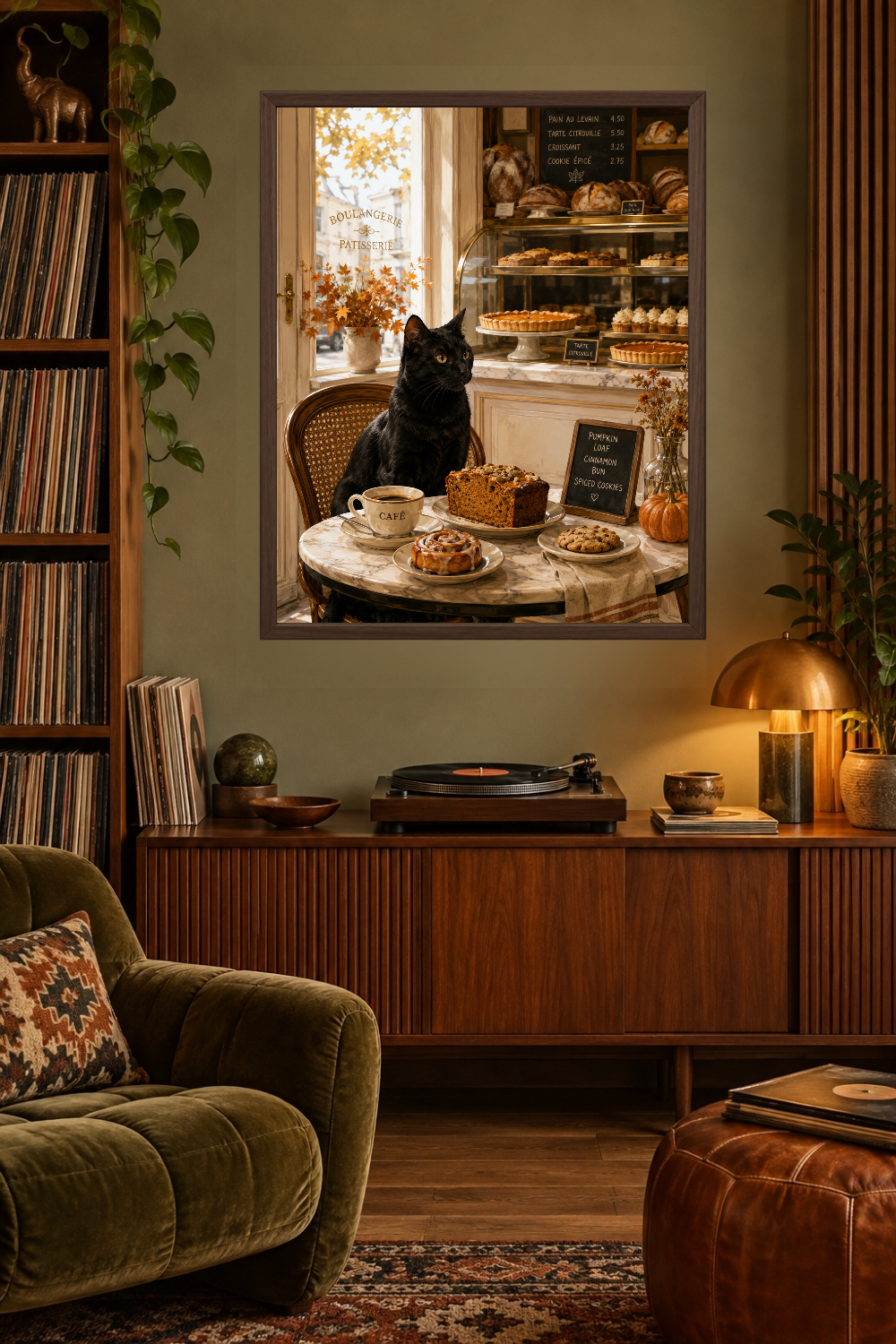 Black Cat Bakery Print, Autumn French Cafe Art, Pumpkin Spice Kitchen Decor