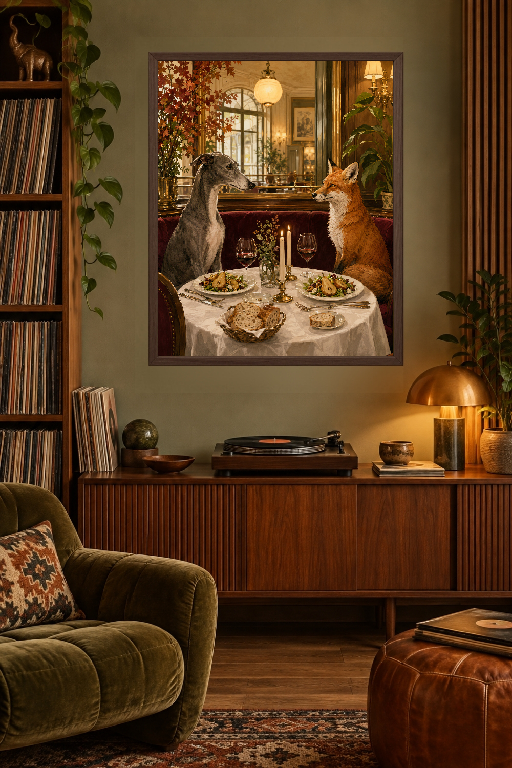 Greyhound Fox Dinner Art, Whimsical Animal Restaurant Scene