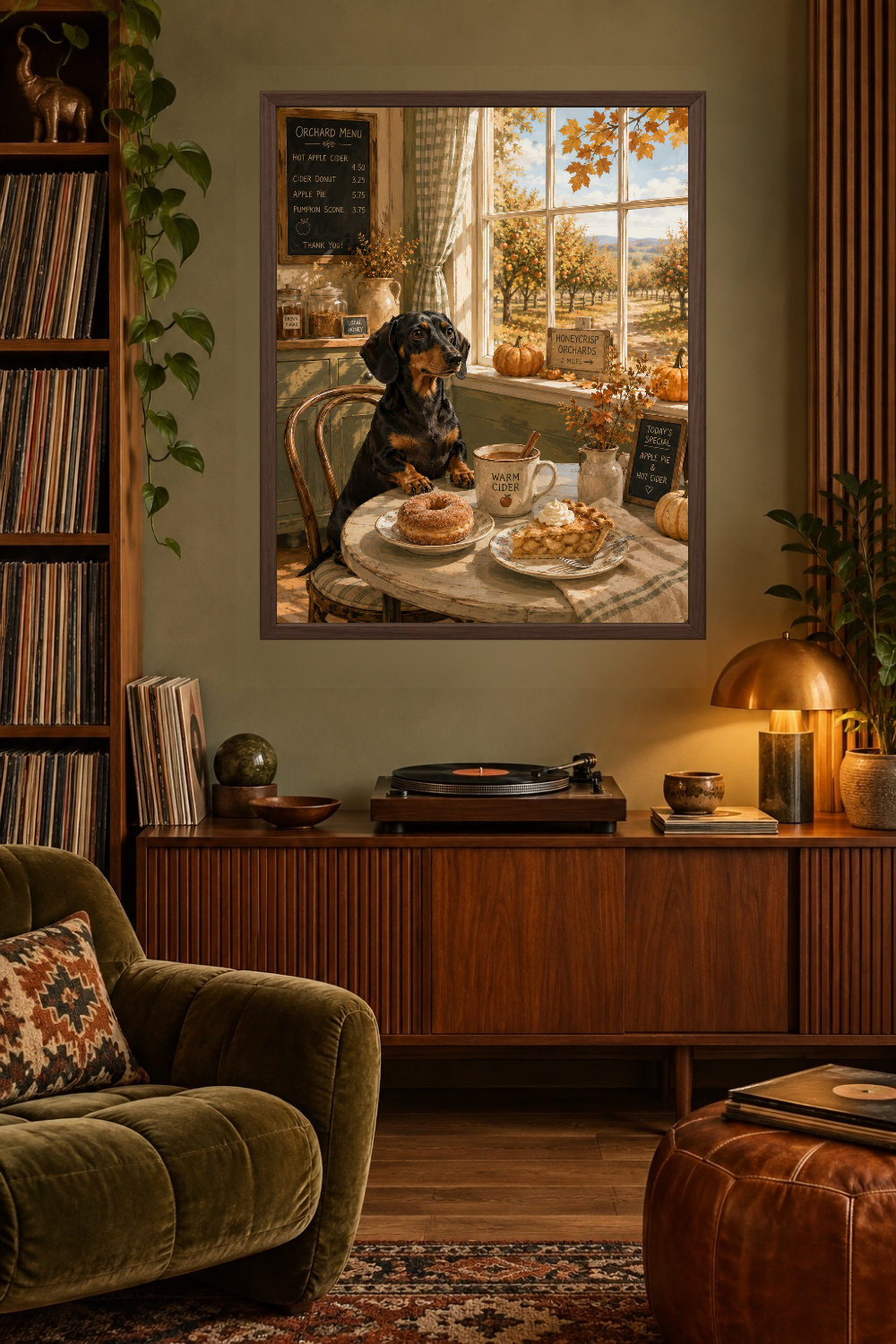 Dachshund Orchard Café Print, Apple Cider Donut, Fall Kitchen Decor