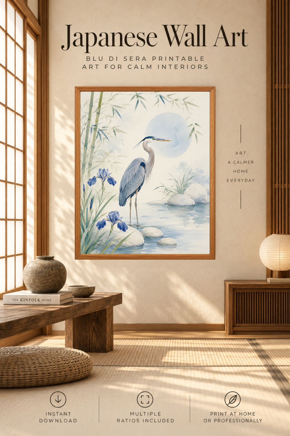 Japanese Blue Heron Wall Art, Downloadable Wall Art