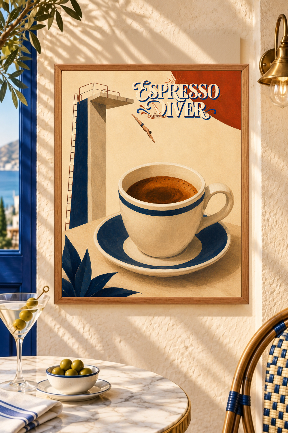 Espresso Diver Wall Art, Retro Coffee Poster, Mid-Century Kitchen Print