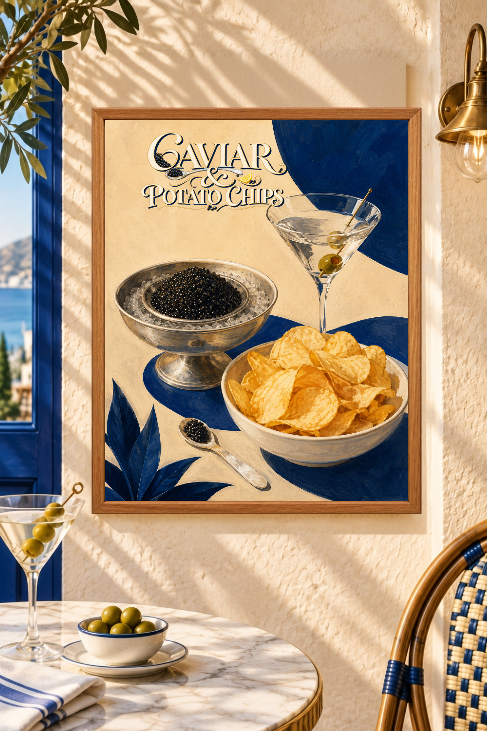 Caviar & Chips Martini Poster, Retro Food Art Print