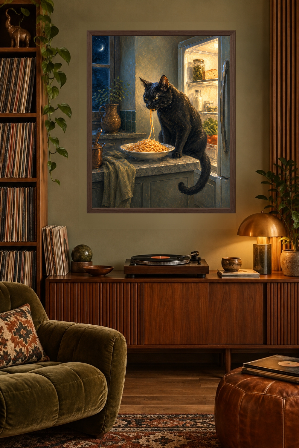 Black Cat Spaghetti Kitchen Art, Funny Pasta Print, Nighttime Food Wall Decor