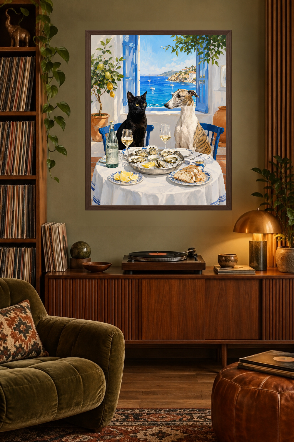 Greyhound Wall Art, Oyster Dinner Print, Black Cat Poster, Mediterranean Coastal Decor