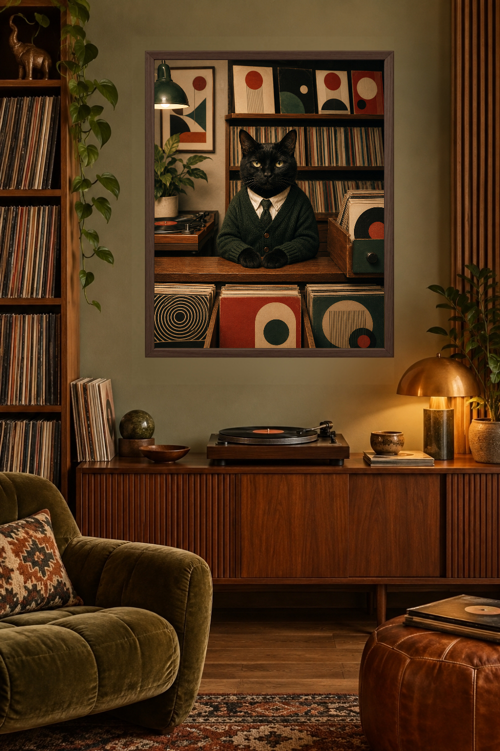 Black Cat Record Store Art, Retro Vinyl Room Decor
