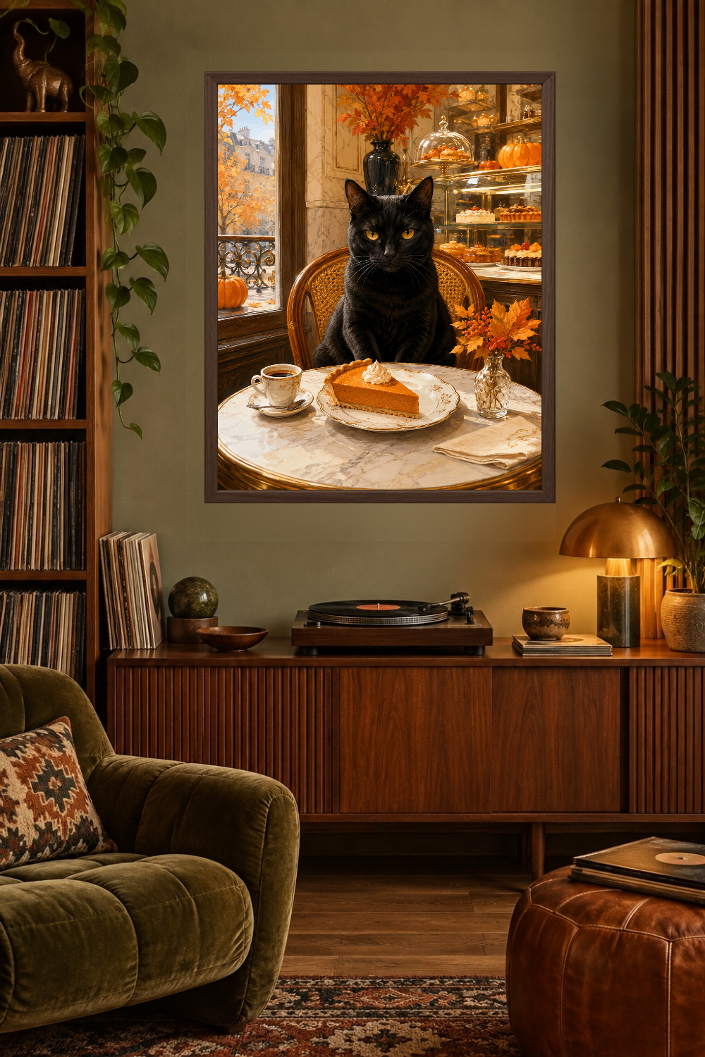 Black Cat Café Art, Pumpkin Pie, Autumn Leaves