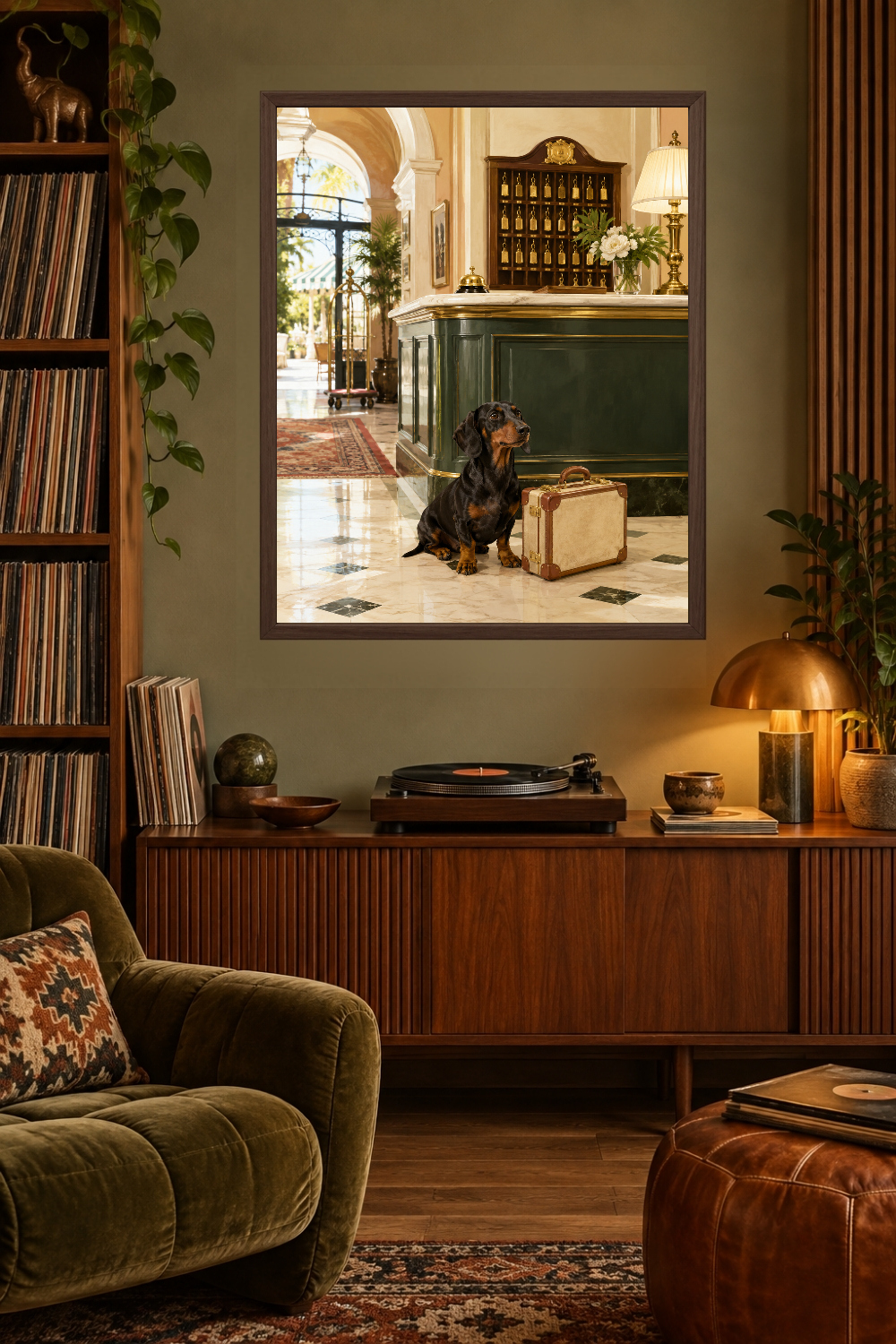 Vintage Hotel Lobby Dachshund Print, Suitcase Dog Art