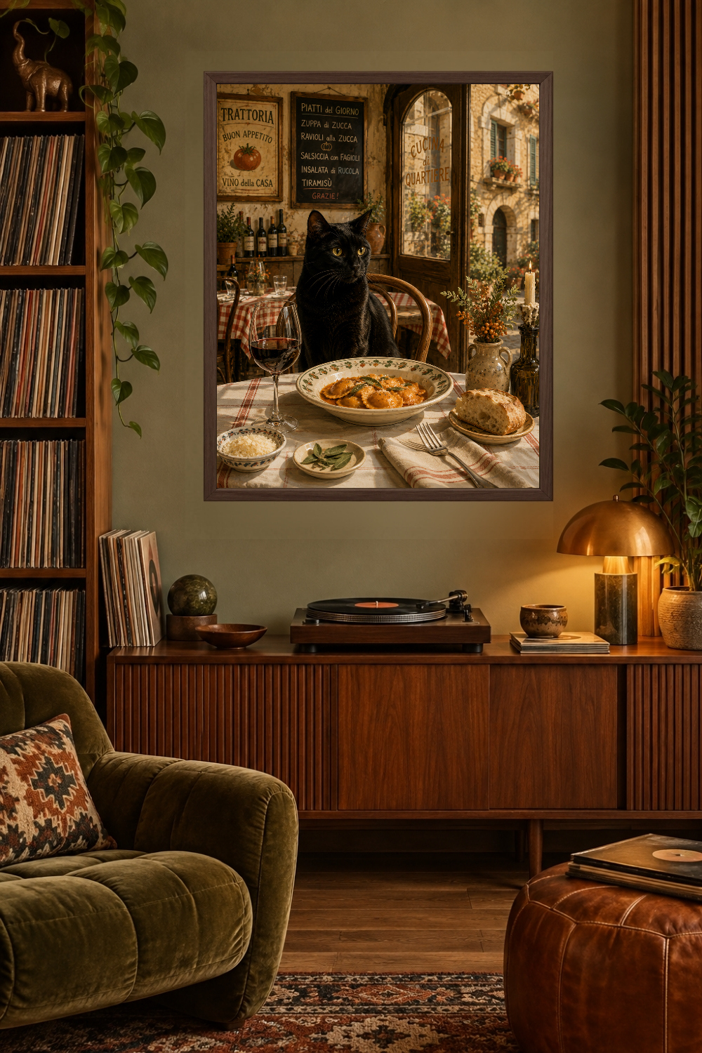 Black Cat Italian Trattoria Pasta Print, Rustic Dining Art