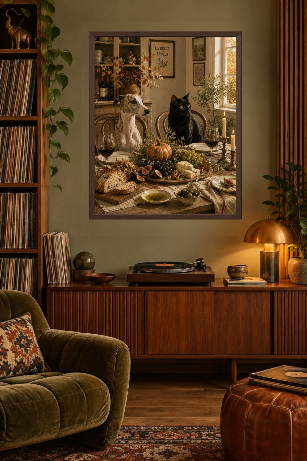 Black Cat & Greyhound Harvest Table Print, Rustic Dining Art