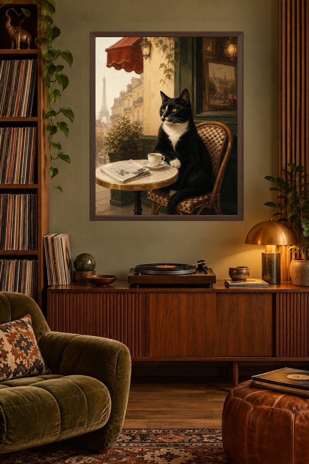 Tuxedo Cat Paris Café Print, Eiffel Tower, Coffee Bar Decor