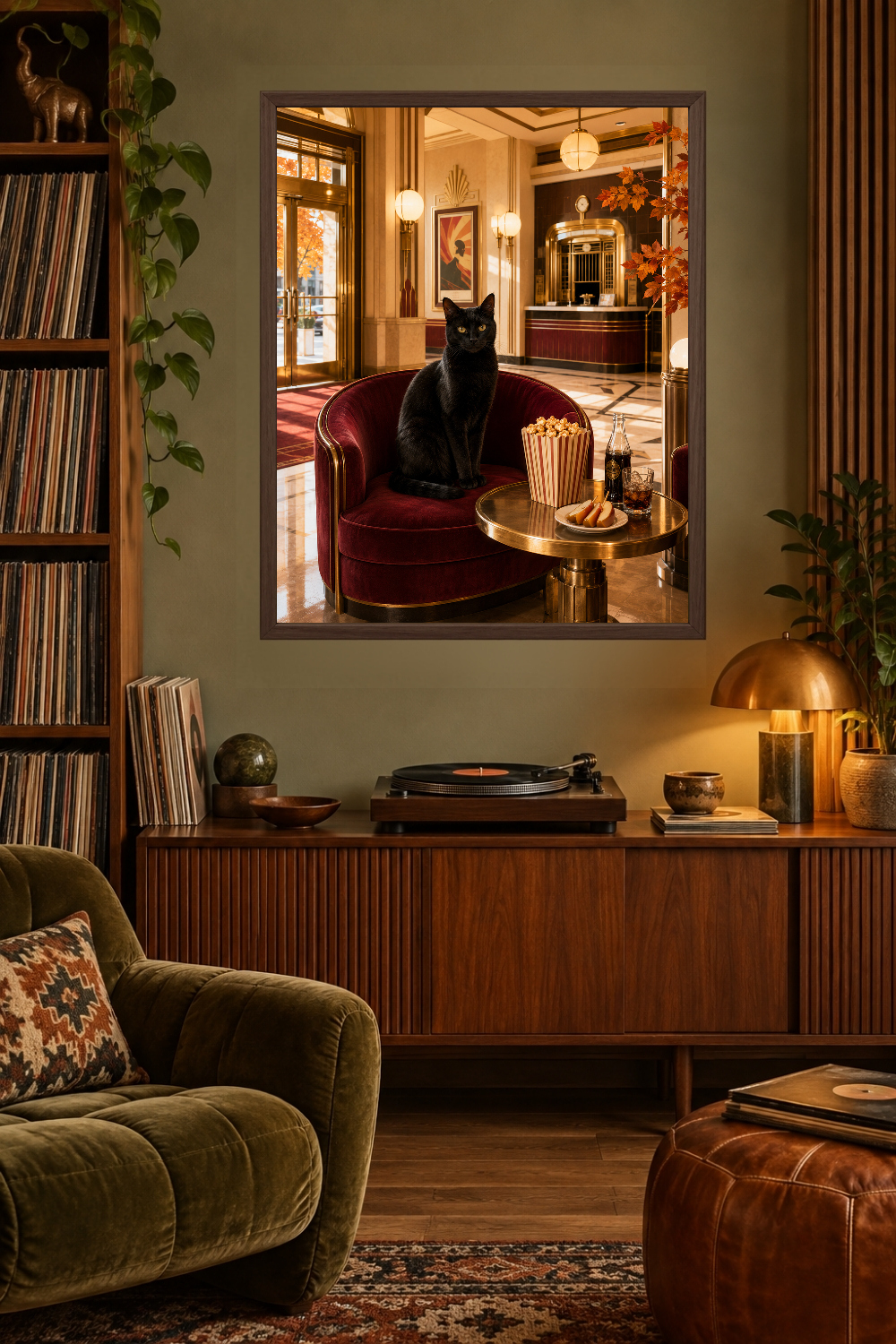 Art Deco Black Cat Hotel Lobby Print, Vintage Popcorn Scene