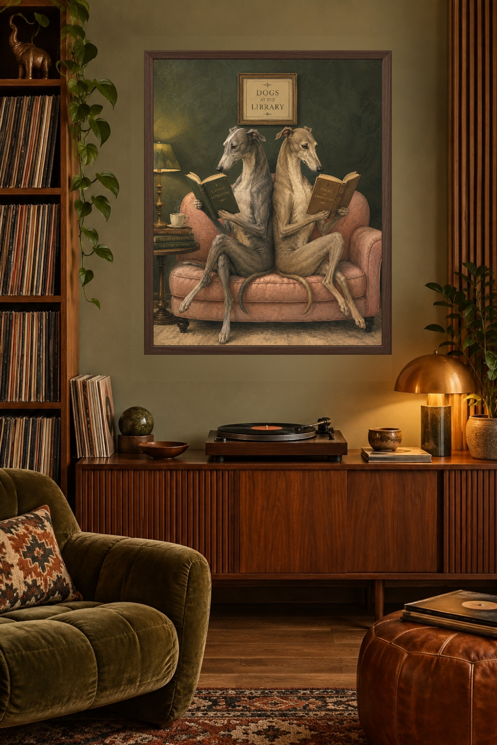Greyhound Reading Wall Art, Whippet Library Poster, Book Lover Dog Print